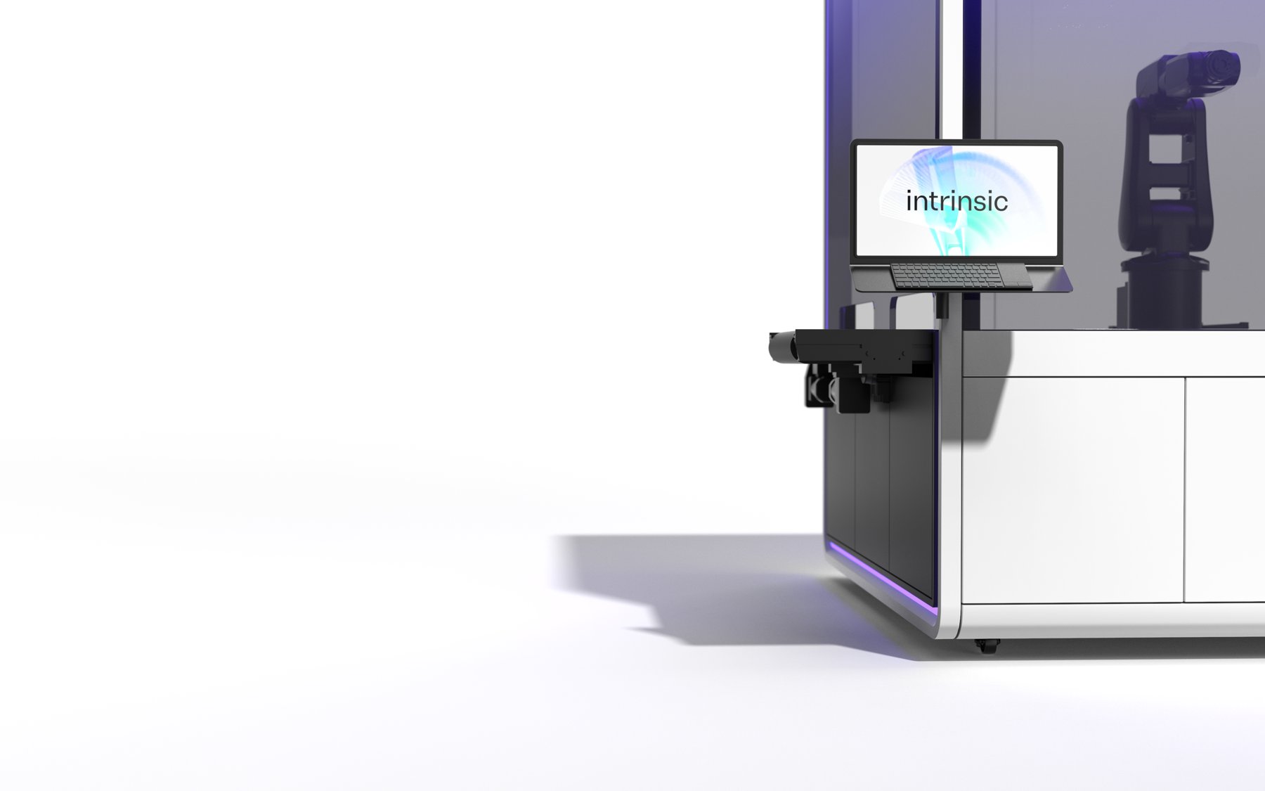 Intrinsic AI enclosed robot workcell concept with rounded frame and illuminated perimeter