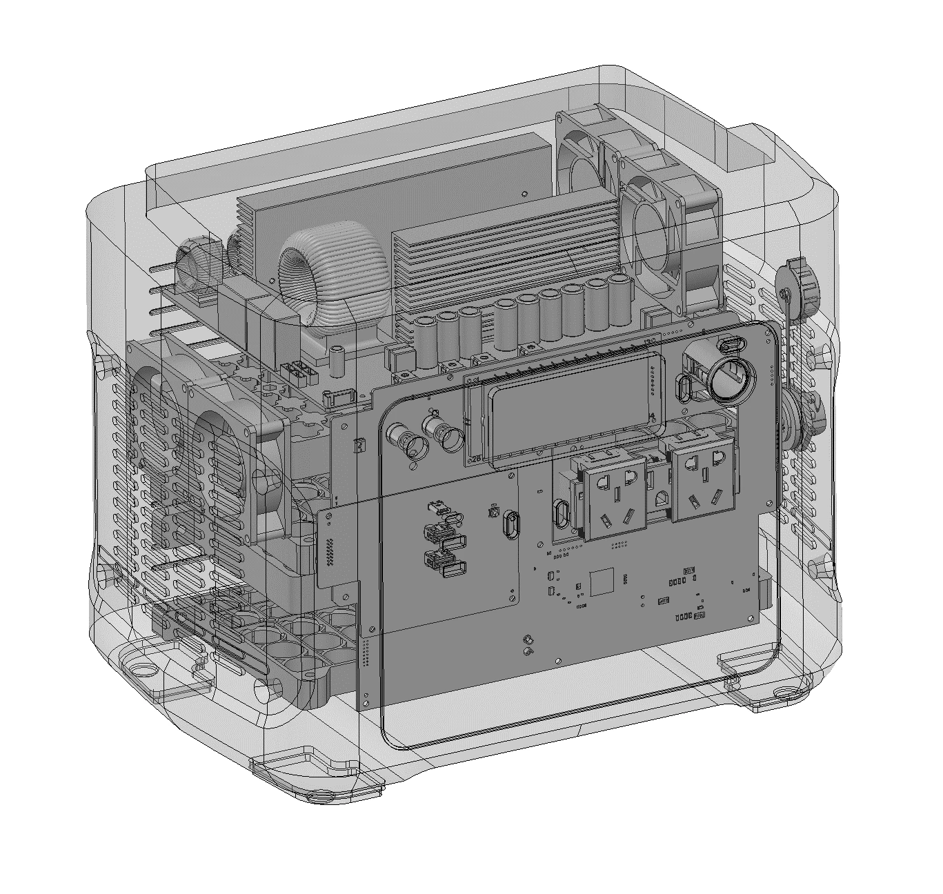 Early Jackery Explorer concept showing the internal component package in factory CAD