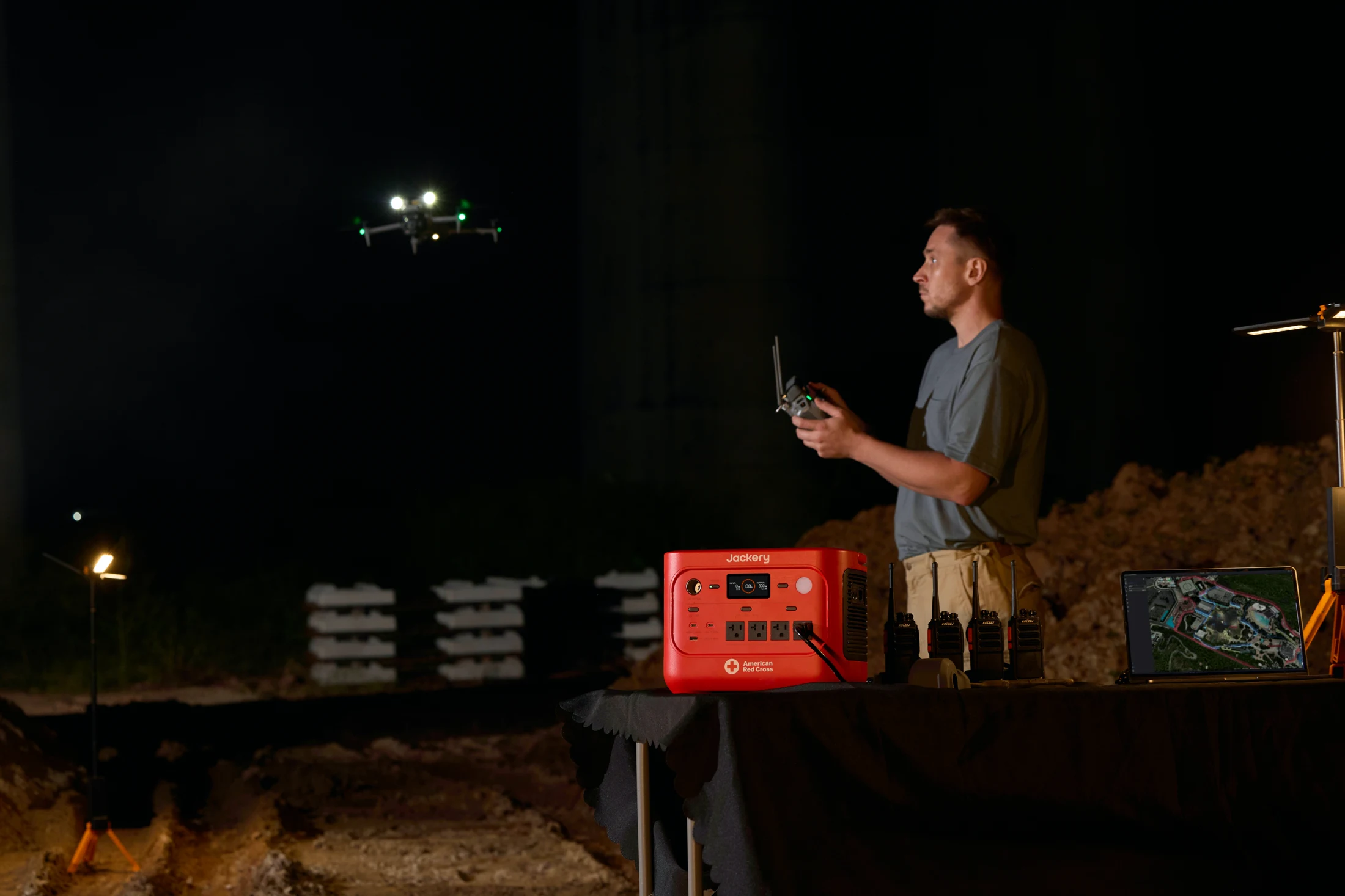 Jackery portable power station supplying equipment during nighttime field use