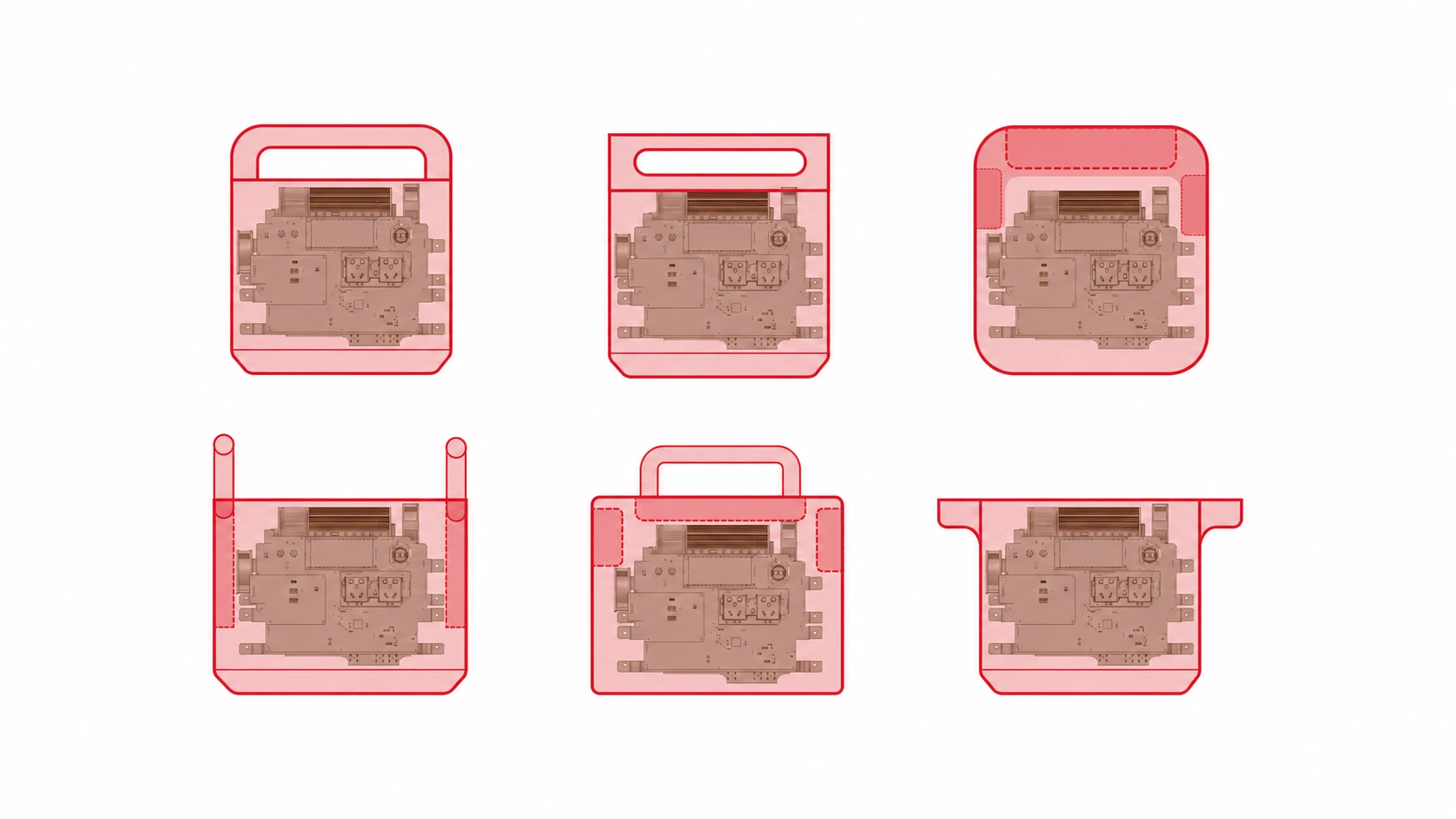 Six early Jackery Explorer handle-layout concepts around the same internal component package, recolored red for this presentation