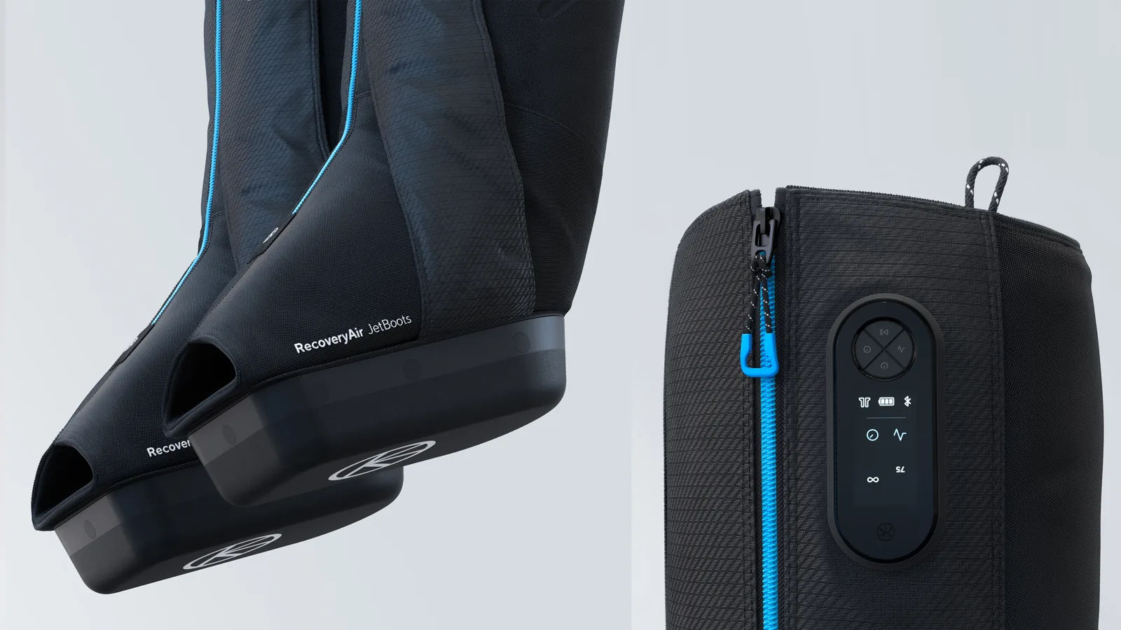 Therabody compression boot textile construction and integrated control detail
